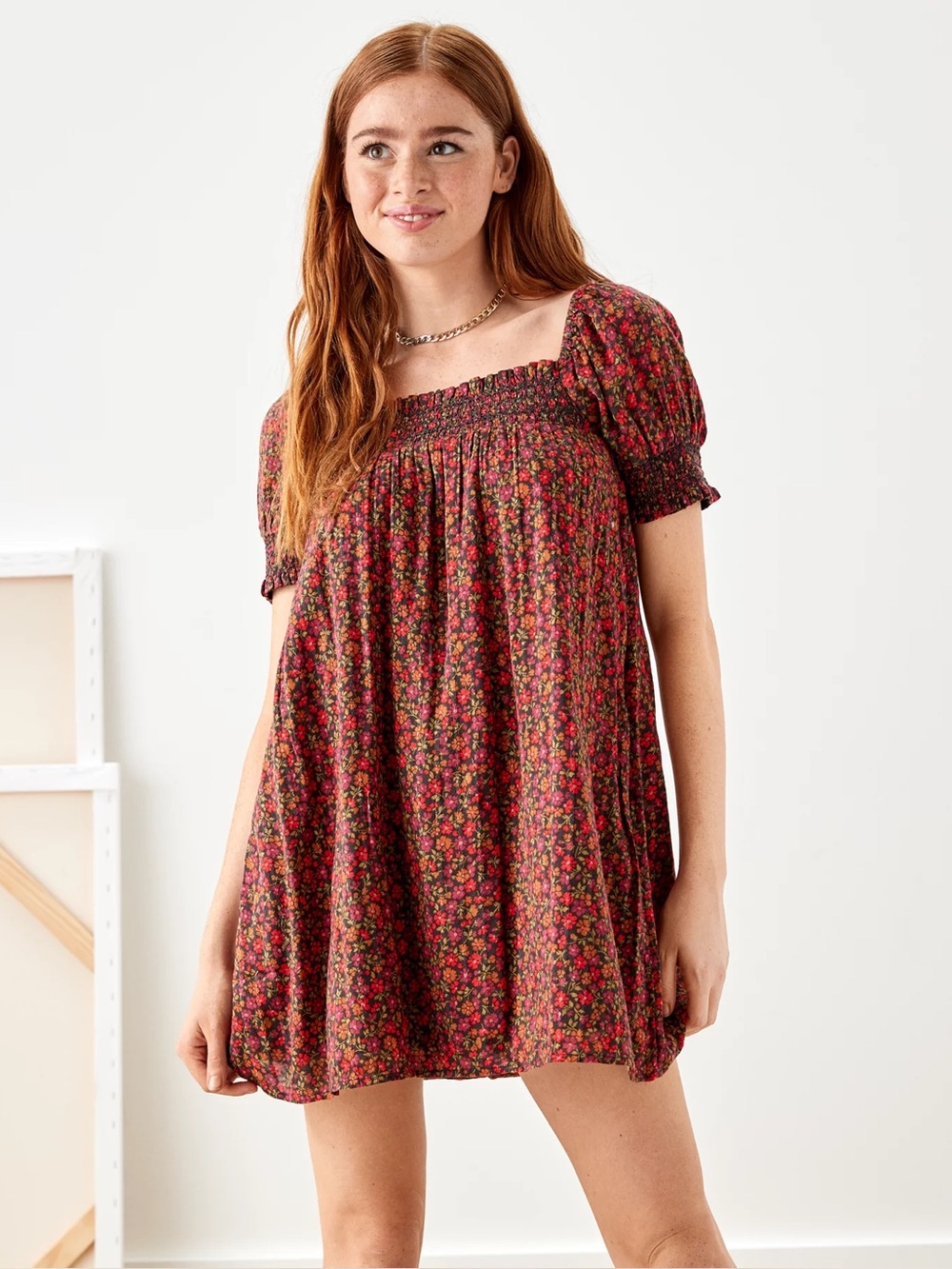 AE Floral Smocked Puff-Sleeve Babydoll Dress size XS